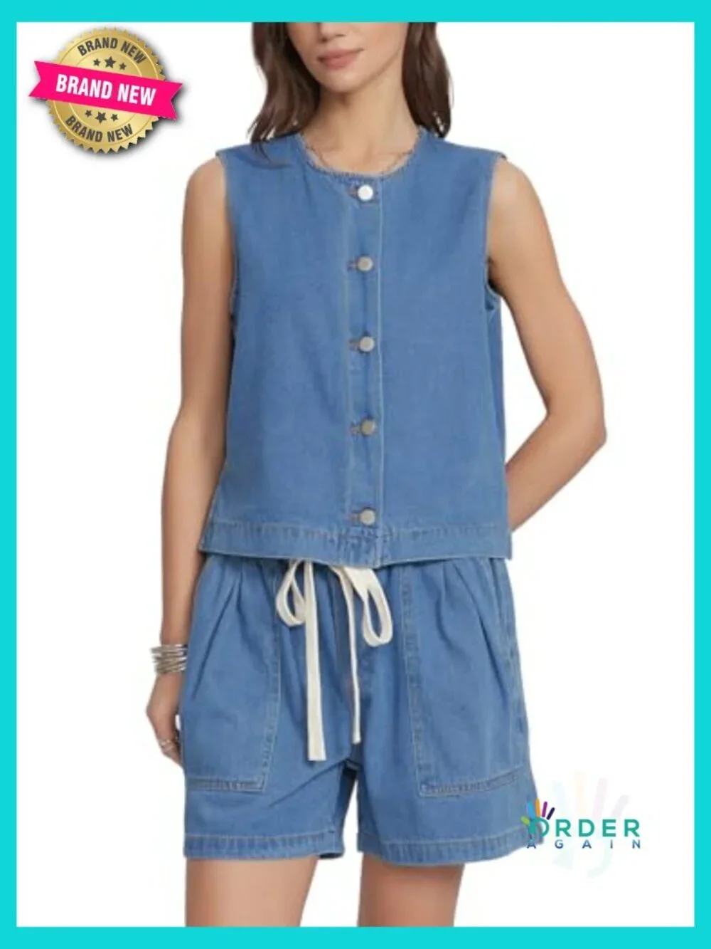 Denim Two Piece Outfits Casual Sleeveless Vest with Elastic Waist Baggy Jean